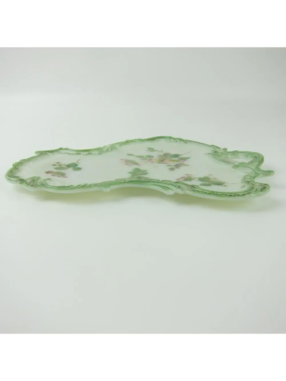 Vintage Milk Glass Vanity Tray / Candy Dish Green & Pink Flowers Open Handle